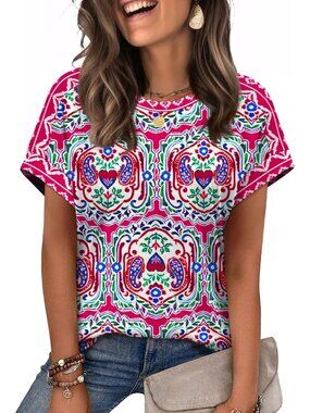 Women's Pink Aztec Boho Crew-neck Short Sleeve Classic Loose Fit Summer Shirt